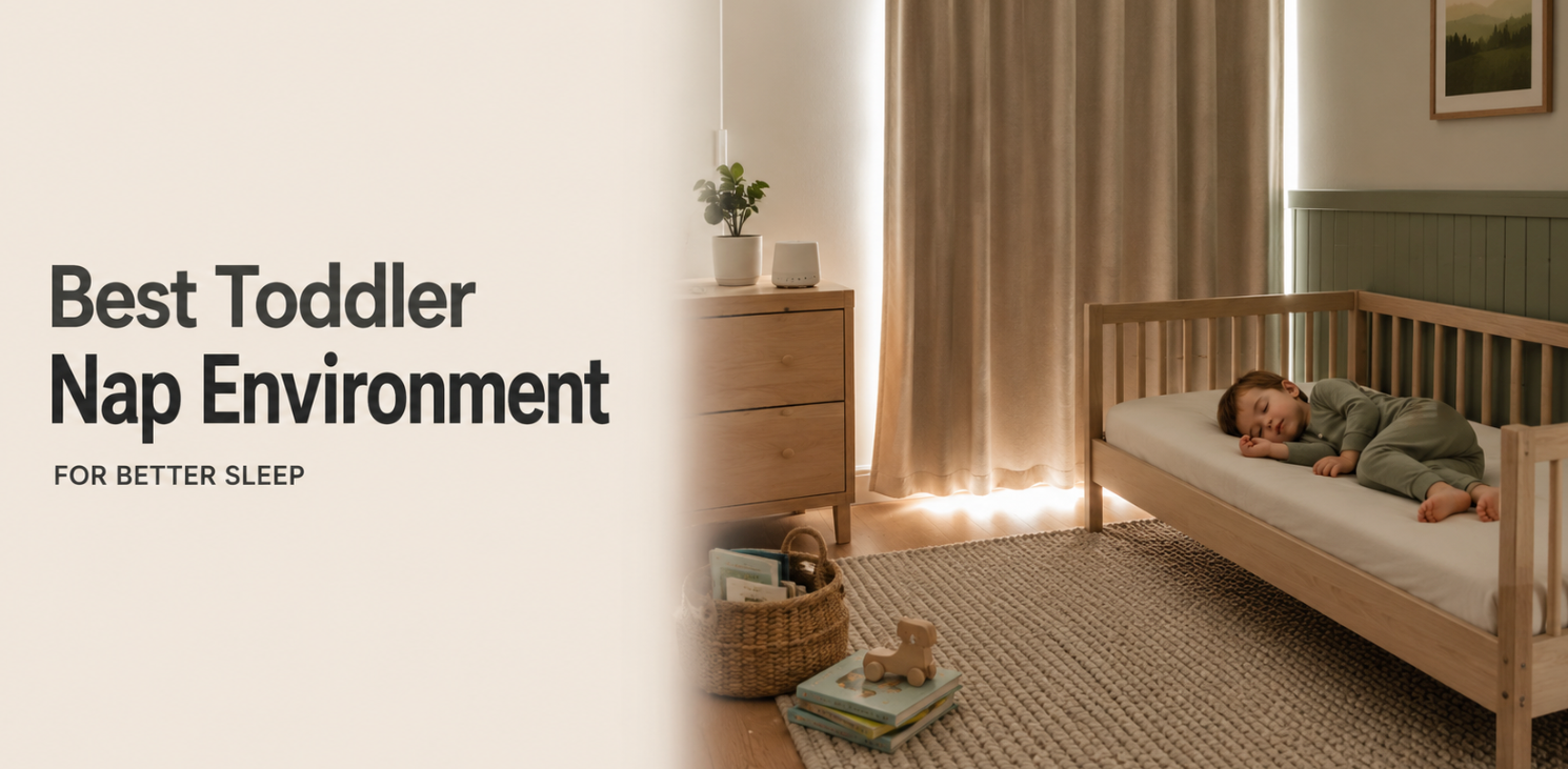 Toddler sleeping in a calm bedroom with dim daylight and an uncluttered bed