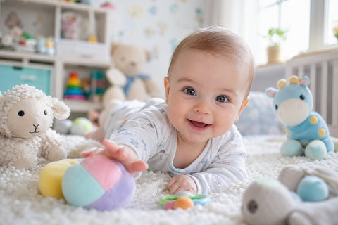 Parent talking face to face with a young baby during an early language routine