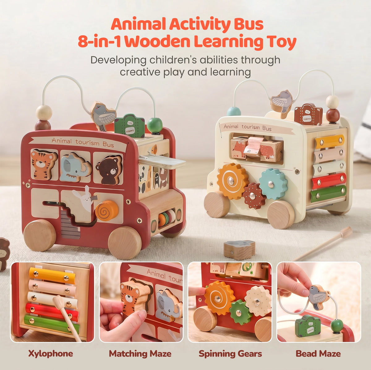 Alppi Animal Activity Bus 8-in-1 Wooden Learning Toy