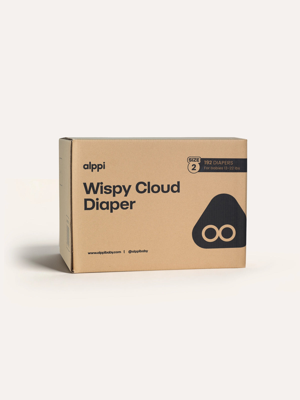 Alppi Wispy Cloud Diaper Size 2 bulk box containing 192 diapers for babies 12-22 lbs, clean product packaging on white background