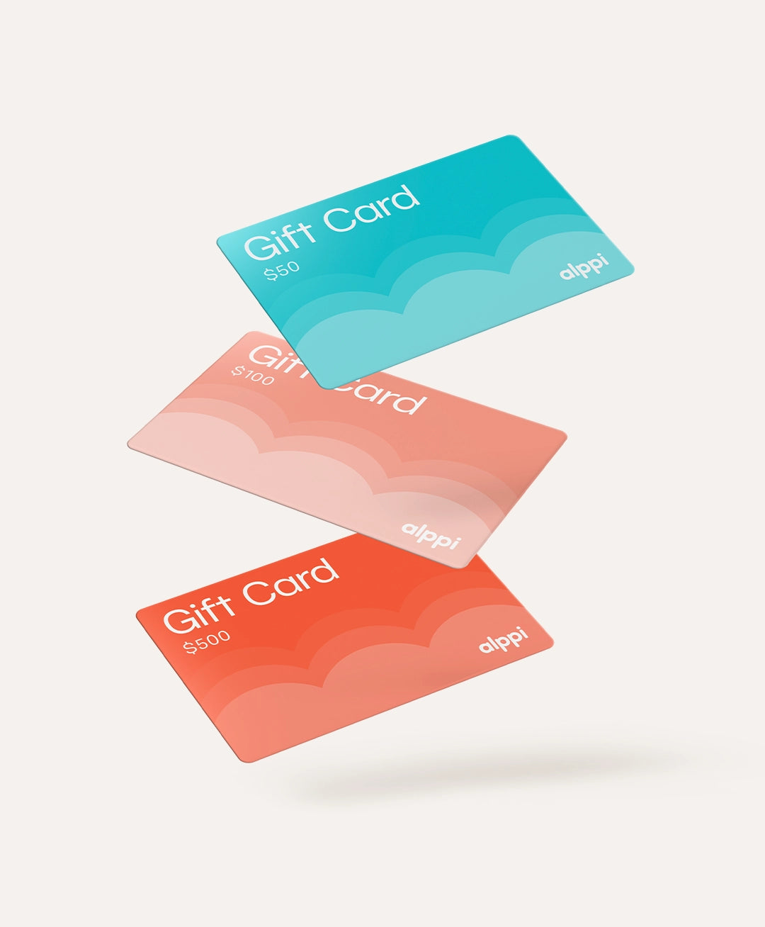 Alppi Baby gift cards in three denominations: $50 teal, $100 pink, and $500 coral-red - perfect baby shower or new parent gift
