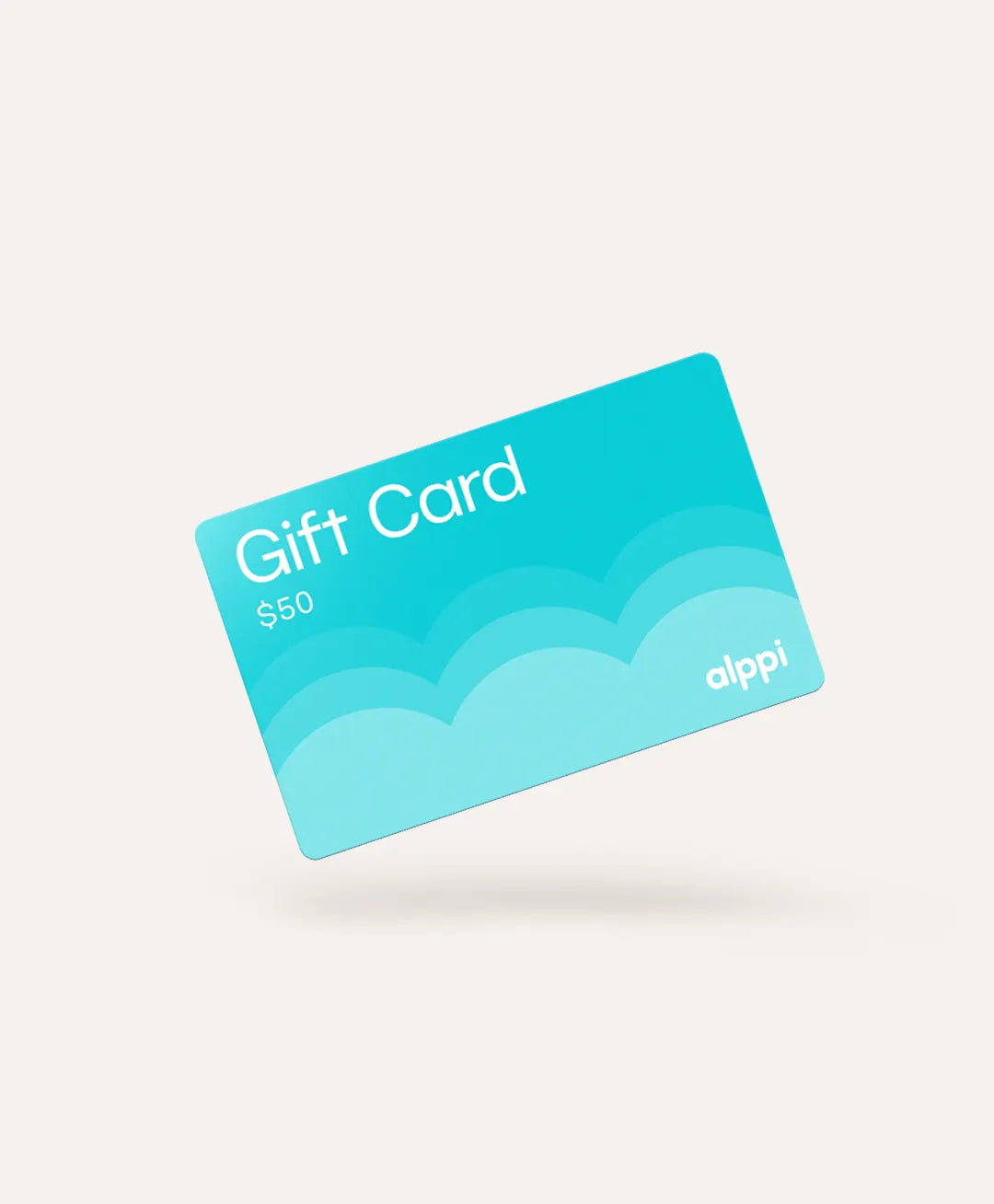 Alppi Baby $50 gift card in teal blue with wave design - perfect baby shower or new parent gift